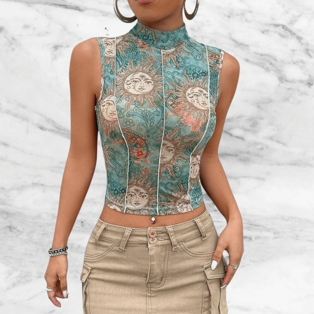 Sleeveless Sun & Moon Print Mock Neck Top green/Tan Small - Picture 1 of 7